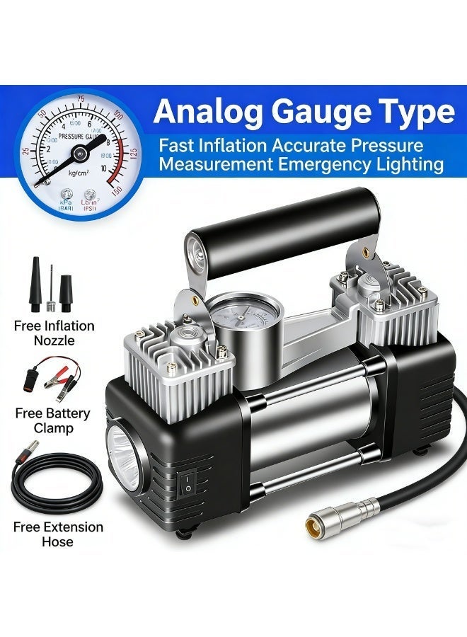 Dual-Cylinder Analog Air Compressor with Metal Housing & Tool Kit – 150PSI Car Tire Inflator with LED Light, 3m Hose & Battery Clamps for SUV, Truck, Bike, Ball, Mattress - Image 1